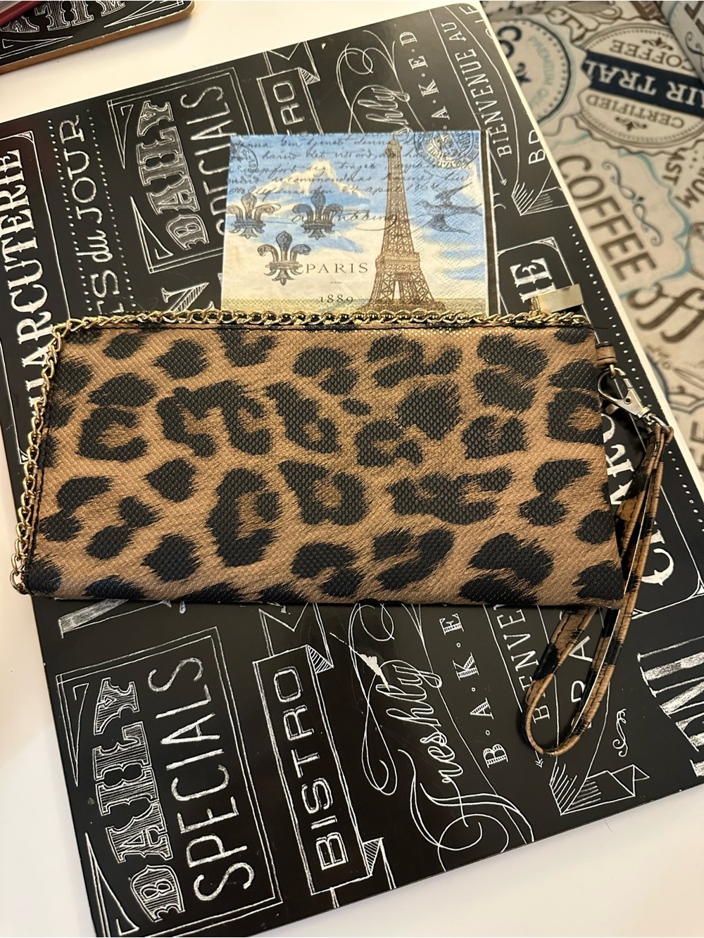 Adorable Faux Leather/PVC Animal Print Wristlet with Chain Detail EUC
